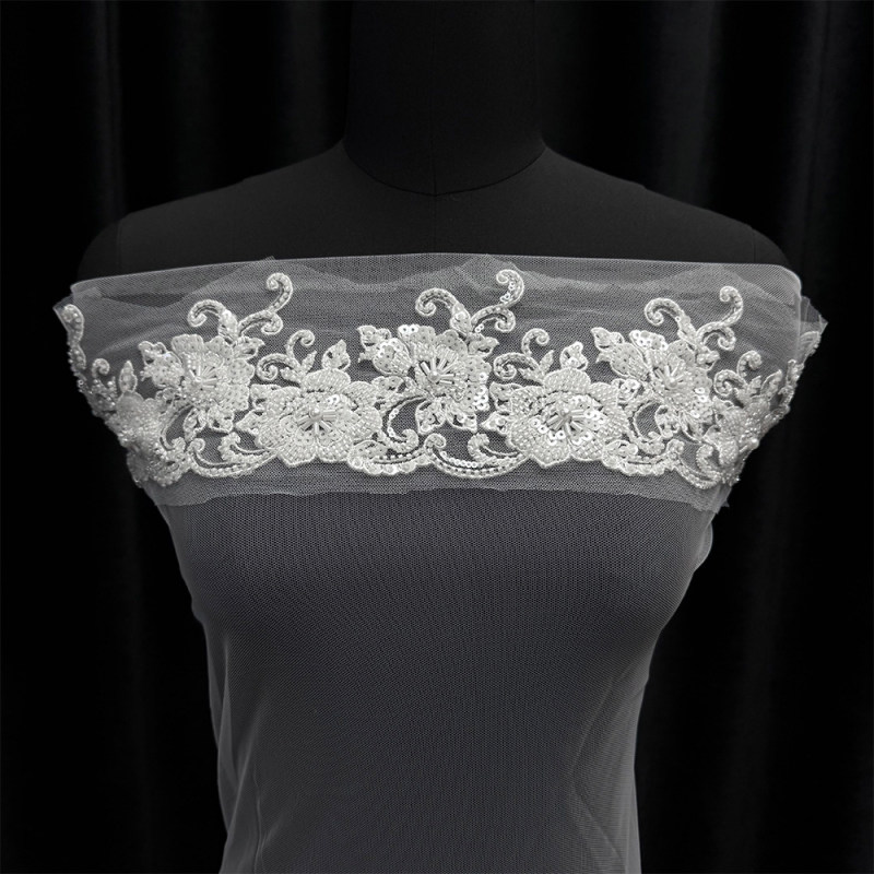 GCW-38-JYB008CEF-1 Beaded Floral Scroll Lace Trim for Bridal Wedding Dresses